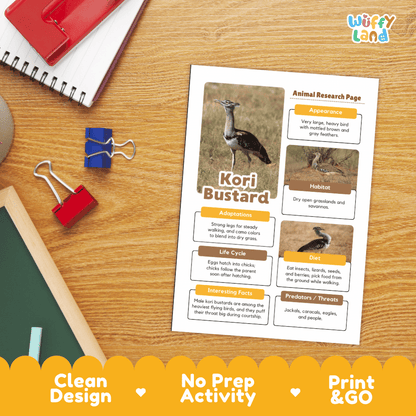 An educational animal research page about a Koriard bird, displayed on a wooden desk alongside a spiral notebook, red binder clips, and a yellow 'Wiffly land' logo banner. The page features a clean layout with text boxes, images, and a bird photograph.