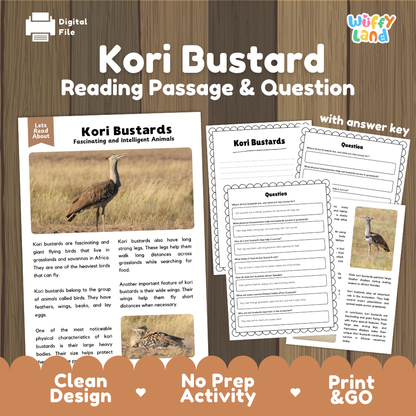 Kori Bustard Reading Passage and Comprehension Questions Worksheets