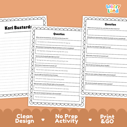 Kori Bustard Reading Passage and Comprehension Questions Worksheets