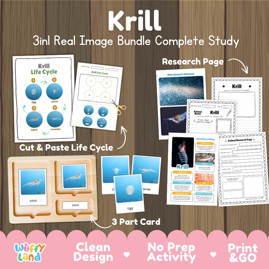 Krill 3-in-1 real image bundle complete study cover showing cut and paste life cycle, 3 part cards, and research pages