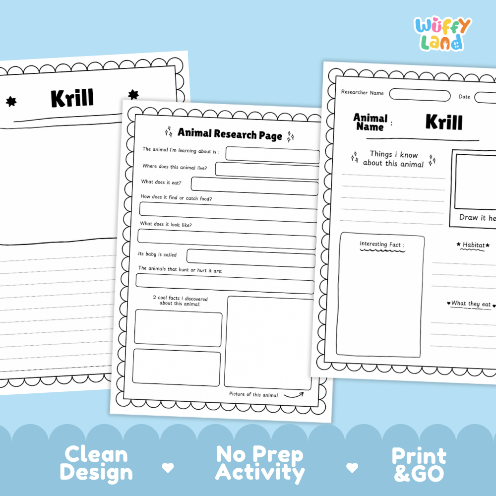 Three printable worksheet pages for krill animal research are shown on a light blue background with decorative text at the bottom. The pages include writing fields, a title area, and a drawing box.