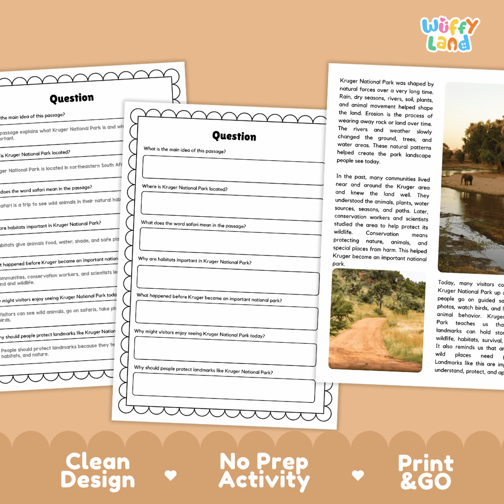 Student reading passage titled A Wildlife Park in South Africa detailing Kruger National Park safari animals, river habitats, and elephant photography