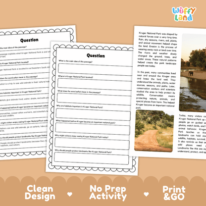 Student reading passage titled A Wildlife Park in South Africa detailing Kruger National Park safari animals, river habitats, and elephant photography