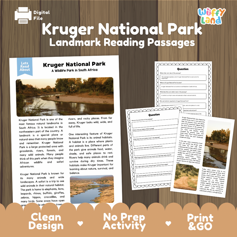 Kruger National Park landmark reading passages educational study unit featuring nonfiction reading worksheets and authentic African wildlife photography