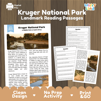 Kruger National Park landmark reading passages educational study unit featuring nonfiction reading worksheets and authentic African wildlife photography