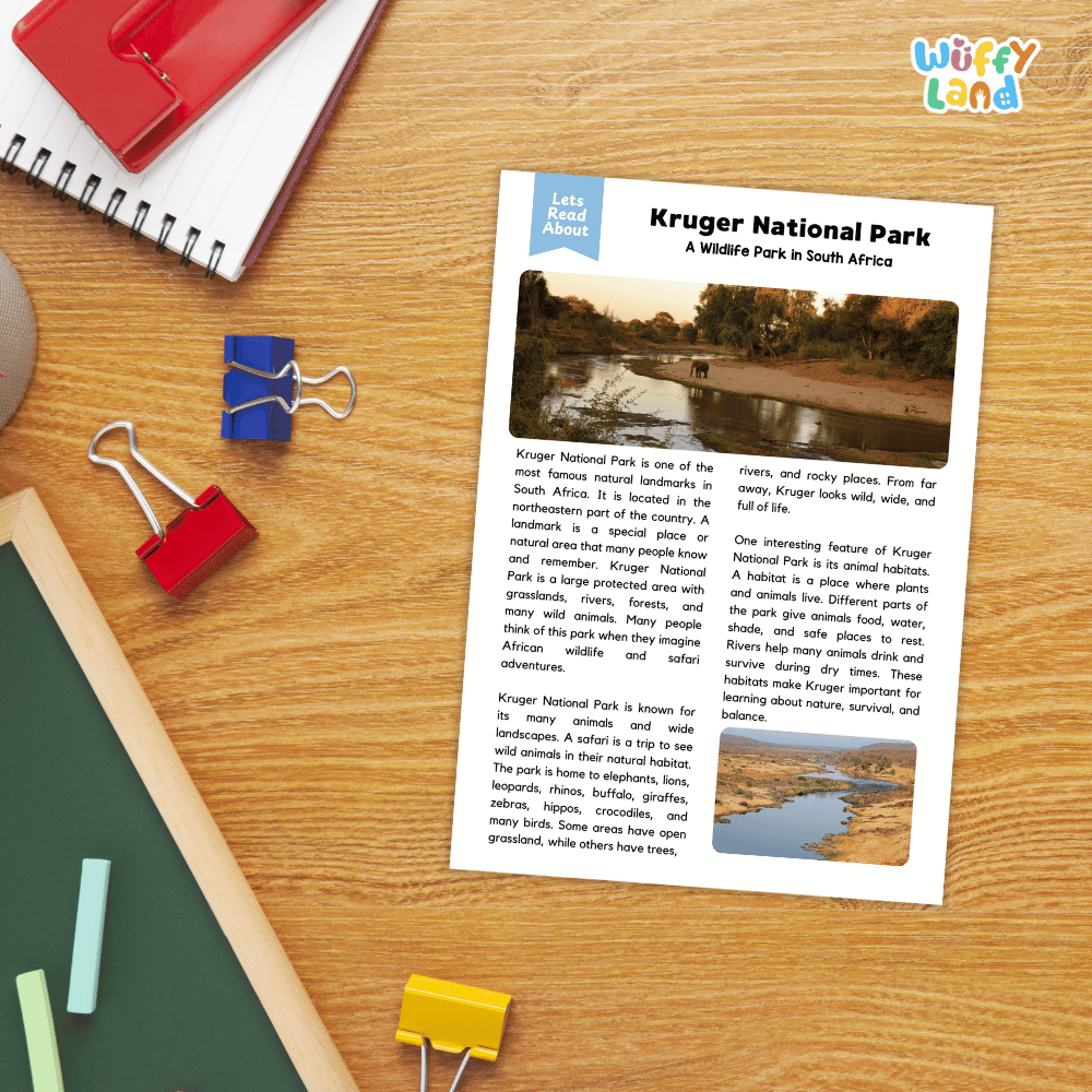 Lined reading comprehension question worksheet covering main ideas, vocabulary terms, and landmark facts about Kruger National Park