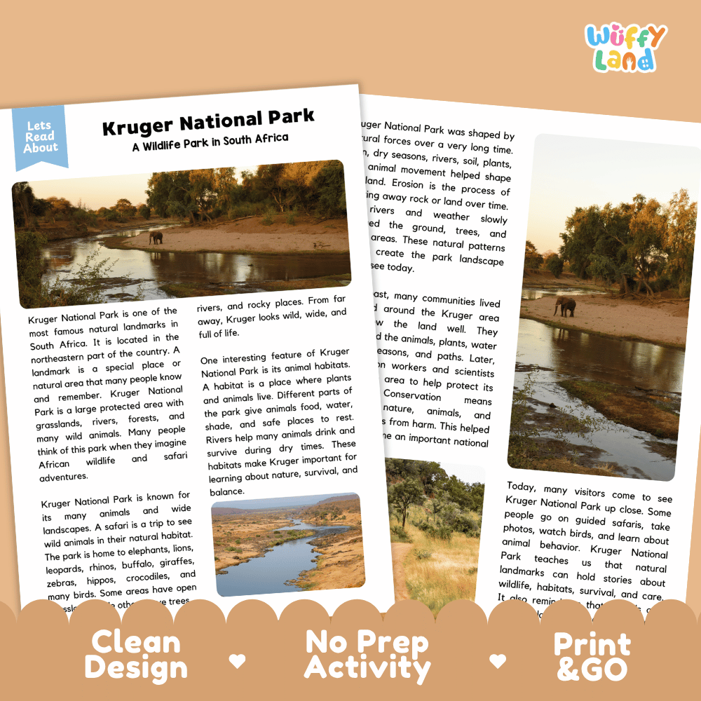 Reference sheet and answer key for Kruger National Park landmark reading passage displaying completed comprehension answers and South African wildlife facts