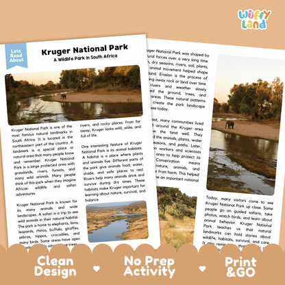 Reference sheet and answer key for Kruger National Park landmark reading passage displaying completed comprehension answers and South African wildlife facts