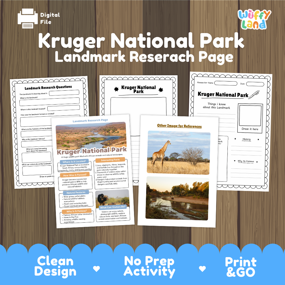 Kruger National Park Landmark Research Page Worksheets and Fact Sheet