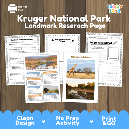Kruger National Park Landmark Research Page Worksheets and Fact Sheet