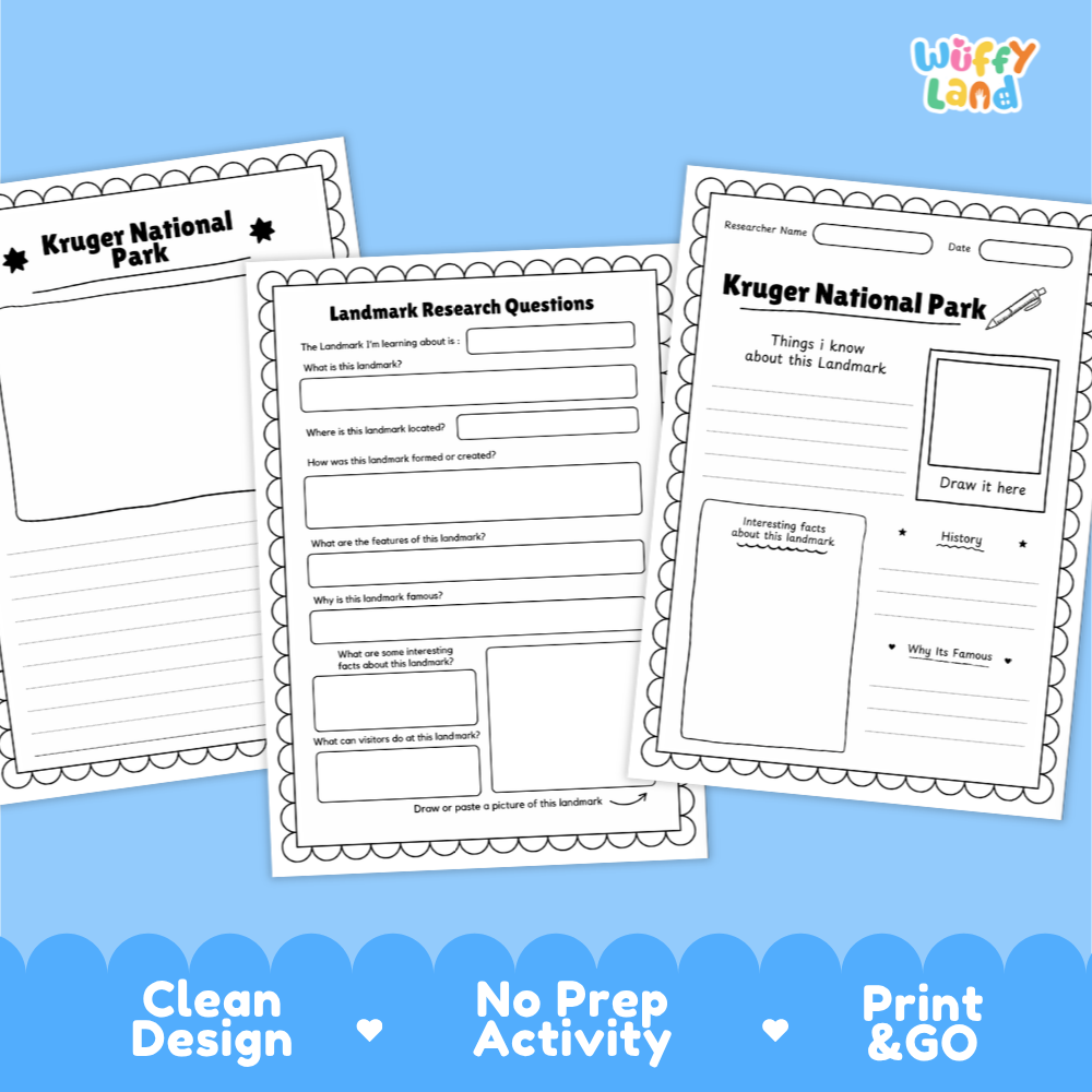 Three printable educational activity sheets for Kruger National Park displayed on a light blue background with decorative text at the bottom. The sheets include writing prompts, labeled sections, and drawing areas.