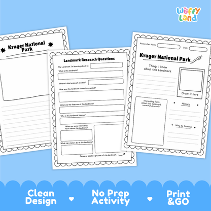 Three printable educational activity sheets for Kruger National Park displayed on a light blue background with decorative text at the bottom. The sheets include writing prompts, labeled sections, and drawing areas.
