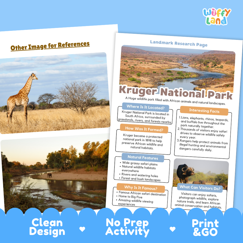 Educational printout activity sheet about Kruger National Park, featuring a landscape photo of the park, text boxes with facts, and a colorful blue footer that reads 'Clean Design', 'No Prep Activity', and 'Print & GO'.
