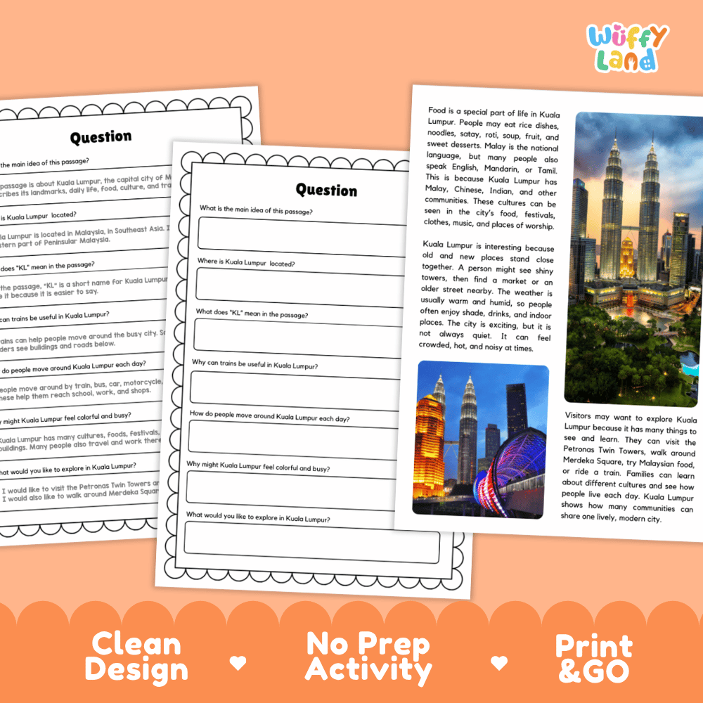 Student reading passage titled A City of Towers and Culture detailing Kuala Lumpur Malaysia Petronas Twin Towers Merdeka Square elevated train transit and city photography