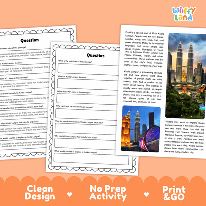 Student reading passage titled A City of Towers and Culture detailing Kuala Lumpur Malaysia Petronas Twin Towers Merdeka Square elevated train transit and city photography