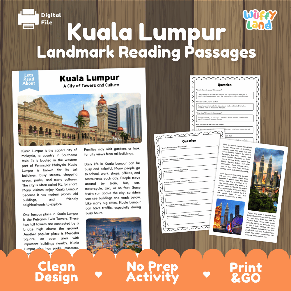 Kuala Lumpur landmark reading passage and comprehension worksheet educational unit featuring nonfiction text and authentic Malaysian architecture photography