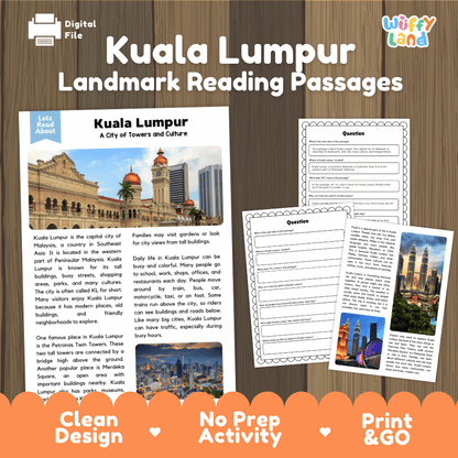 Kuala Lumpur landmark reading passage and comprehension worksheet educational unit featuring nonfiction text and authentic Malaysian architecture photography