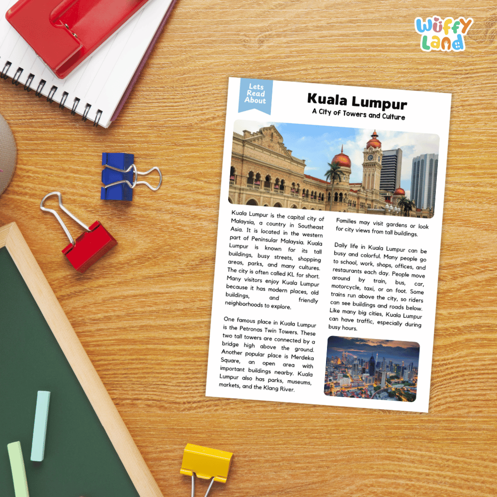 Lined reading comprehension question worksheet covering main ideas vocabulary terms and landmark facts about Kuala Lumpur Malaysia