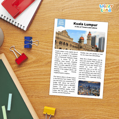 Lined reading comprehension question worksheet covering main ideas vocabulary terms and landmark facts about Kuala Lumpur Malaysia