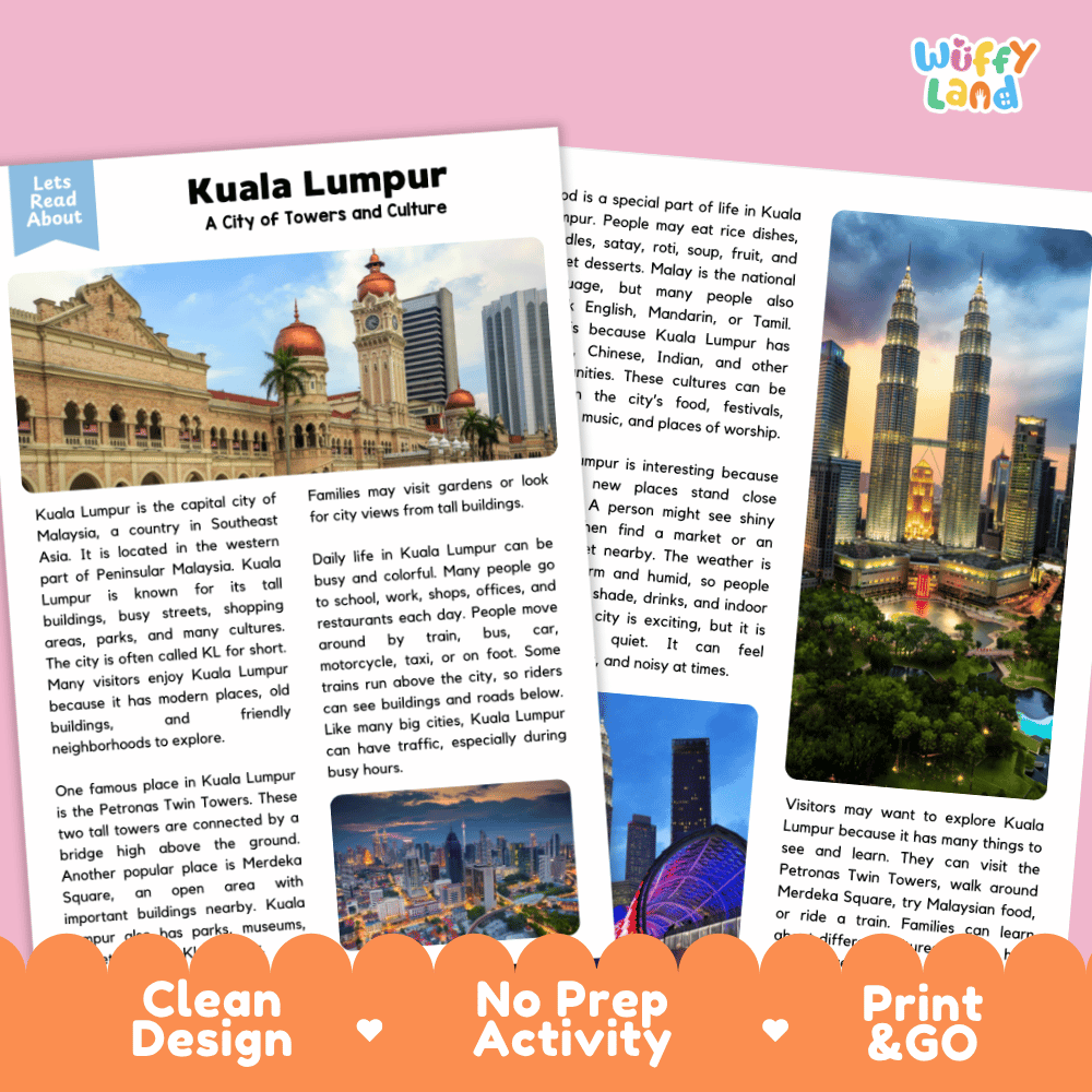 Reference sheet and answer key for Kuala Lumpur landmark reading passage displaying completed comprehension answers and Southeast Asian geography facts