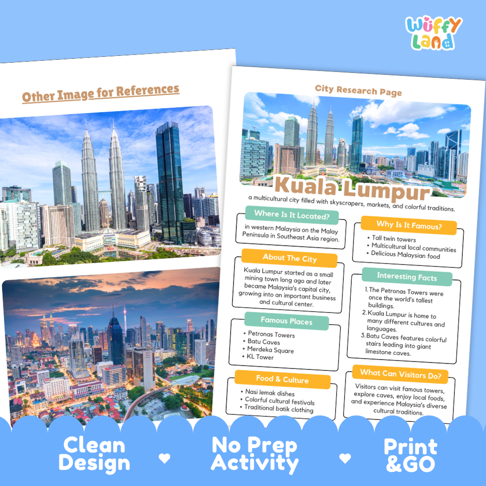 Two printed travel poster/information sheet designs for Kuala Lumpur are shown on a white background with a blue decorative footer banner. The left sheet has a cityscape photo and the title 'Other Image for References'; the right sheet has the title 'City Research Page' and 'Kuala Lumpur' with text blocks and icons.