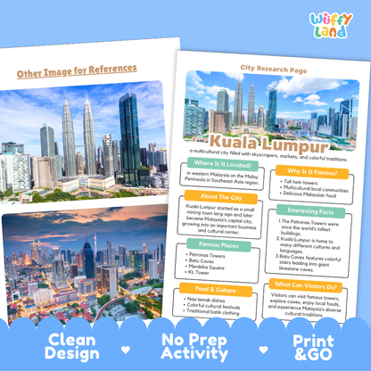 Two printed travel poster/information sheet designs for Kuala Lumpur are shown on a white background with a blue decorative footer banner. The left sheet has a cityscape photo and the title 'Other Image for References'; the right sheet has the title 'City Research Page' and 'Kuala Lumpur' with text blocks and icons.