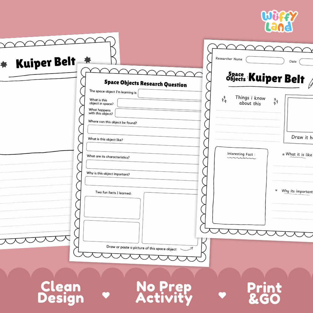 Three printable educational activity sheets about Kuiper Belt space objects arranged on a pink background, with the text 'Clean Design', 'No Prep Activity', and 'Print & GO' along the bottom. The Wiffly Land logo appears in the top right.