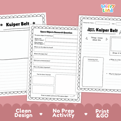 Three printable educational activity sheets about Kuiper Belt space objects arranged on a pink background, with the text 'Clean Design', 'No Prep Activity', and 'Print & GO' along the bottom. The Wiffly Land logo appears in the top right.
