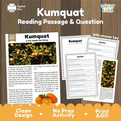Kumquat reading comprehension passage and questions printable activity pack with answer key for elementary students