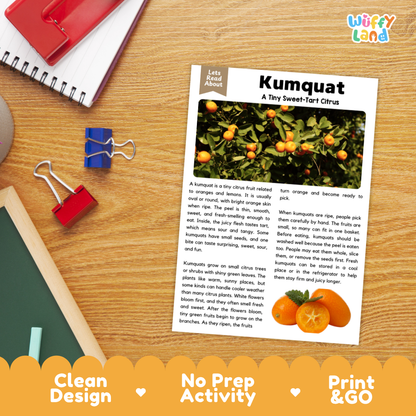 Student reading comprehension worksheet with short-answer questions and lined sections about kumquats