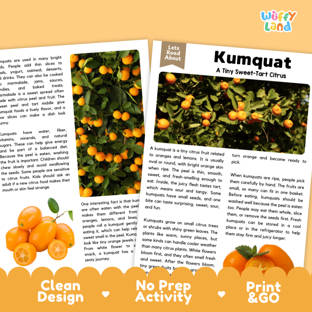 Teacher answer key page showing complete question solutions for kumquat reading comprehension practice
