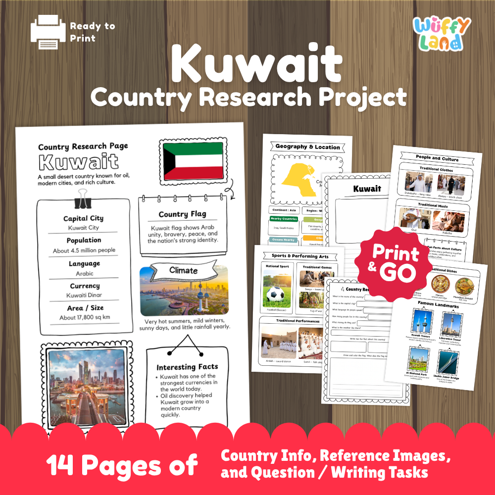 Student country research worksheet on Kuwait featuring national flag, Kuwait City capital facts, desert climate, and geography map