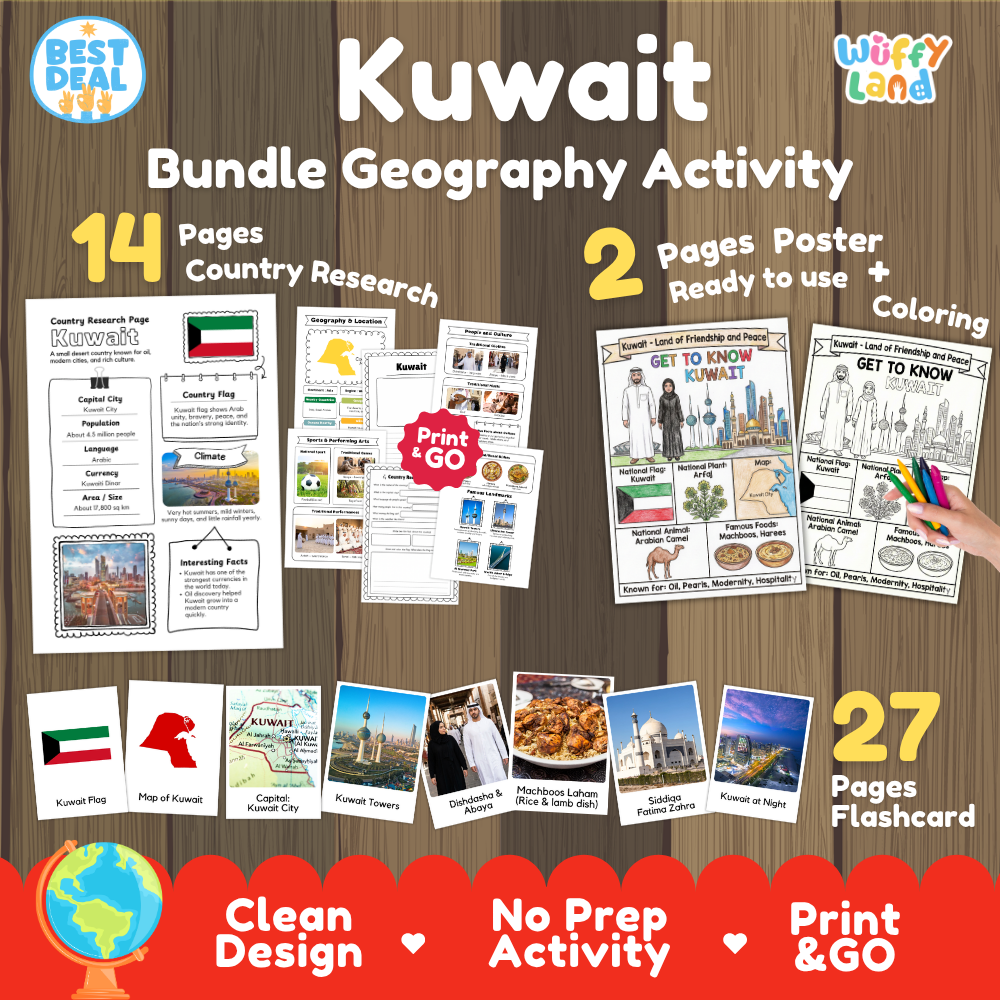 Kuwait geography activity bundle cover showing 14 country research pages, 2 ready to use coloring posters, and 27 photo flashcards