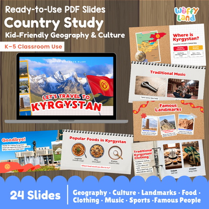 Digital product preview for a 'Country Study: Kyrgyzstan' educational slide set by Wiffly Land. The graphic displays a collection of 24 kid-friendly geography and culture slides themed around Kyrgyzstan, featuring a laptop mockup showing the main cover slide, spiral-bound notebooks, and individual slide previews on a dark wood background.