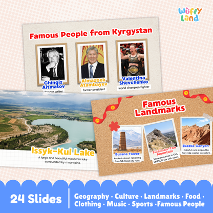 Digital preview of a Slideshoots presentation template titled 'Famous Landmarks' and 'Famous People from Kyrgyzstan' by the brand 'Wiffly land'. The graphic shows two editable slide layouts with placeholder images and text, set against a pink patterned background with a blue banner at the bottom indicating '24 Slides' and categories like Geography, Culture, and Landmarks.