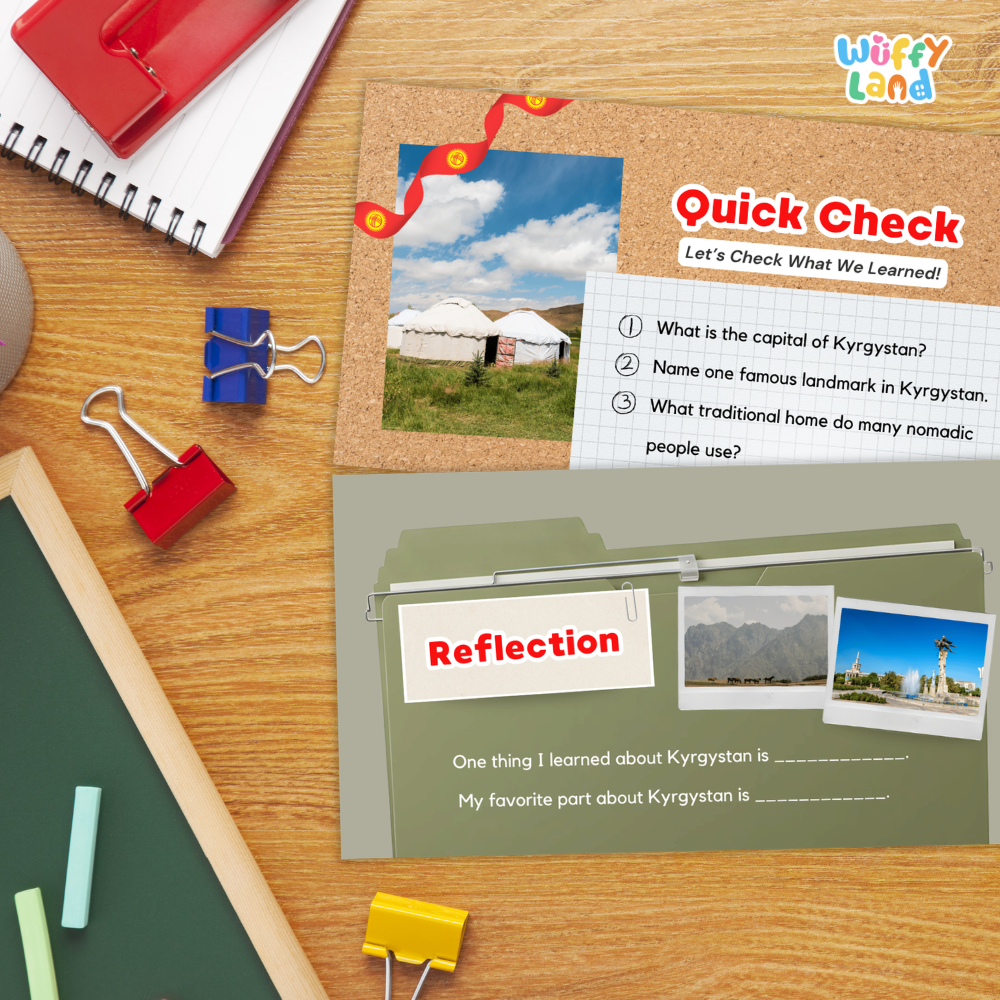 A children's educational activity sheet from Wiffy Land titled 'Quick Check' and 'Reflection' about Kyrgyzstan, styled on a wooden desk with school supplies including binder clips, a spiral notebook, chalk, and a green board.