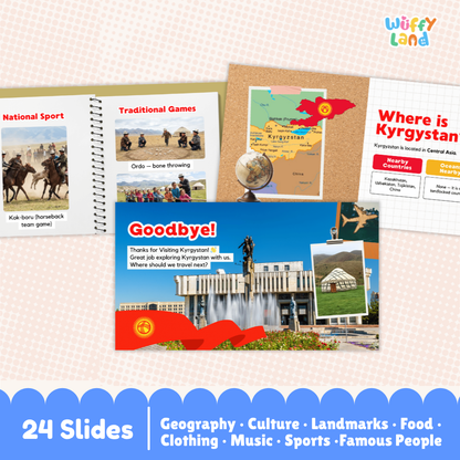A set of educational presentation slides about Kyrgyzstan by Wuffy Land, shown as a collage of multiple slide designs on a light pink patterned background. The slides cover topics like national sports, traditional games, geography, food, clothing, music, and landmarks, with the Kyrgyz flag and landscape imagery.