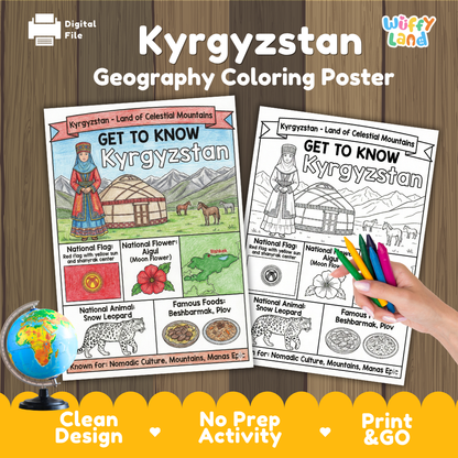 Get to know Kyrgyzstan coloring poster paired with photo flashcards of Burana Tower, Chychkan Gorge, eagle hunter, and Kyrgyz bread