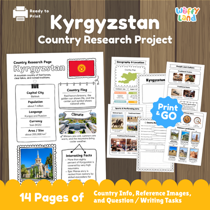 Student country research worksheet on Kyrgyzstan featuring national flag, Bishkek capital facts, mountain climate, and geography map