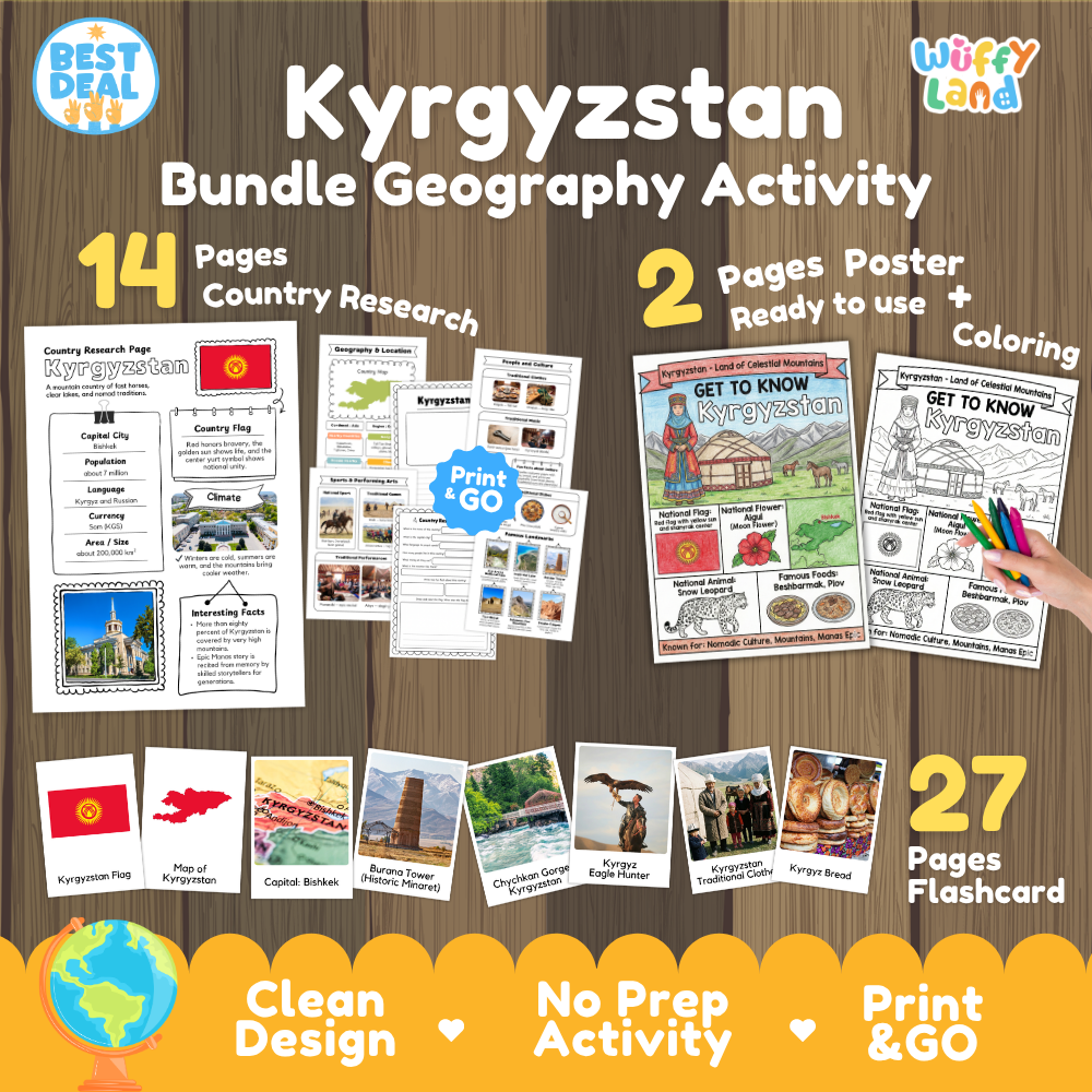 Kyrgyzstan geography activity bundle cover showing 14 country research pages, 2 ready to use coloring posters, and 27 photo flashcards