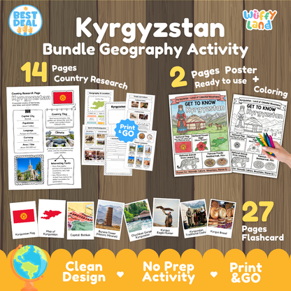 Kyrgyzstan geography activity bundle cover showing 14 country research pages, 2 ready to use coloring posters, and 27 photo flashcards