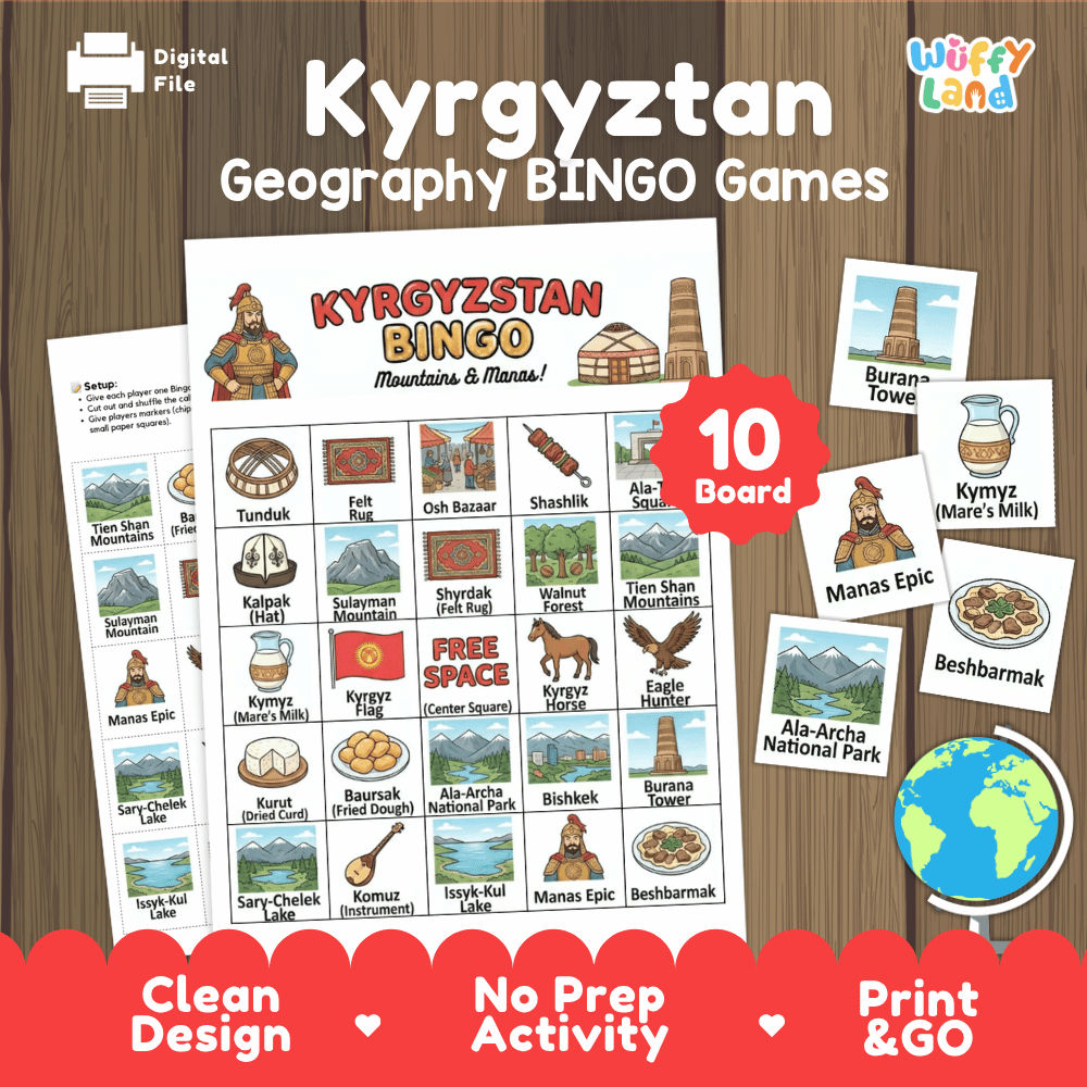Kyrgyzstan Geography BINGO Games Printable Activity Boards