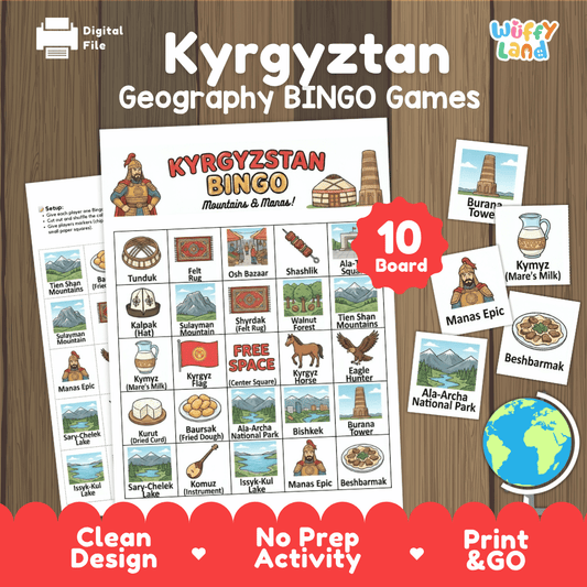 Kyrgyzstan Geography BINGO Games Printable Activity Boards