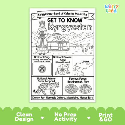 Kyrgyzstan Geography Coloring Poster | Country Study Research Worksheet Activity