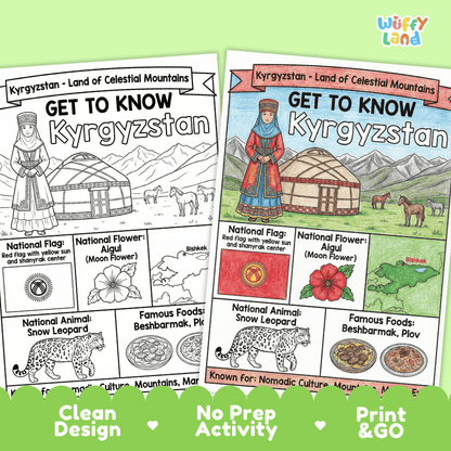 Kyrgyzstan Geography Coloring Poster | Country Study Research Worksheet Activity