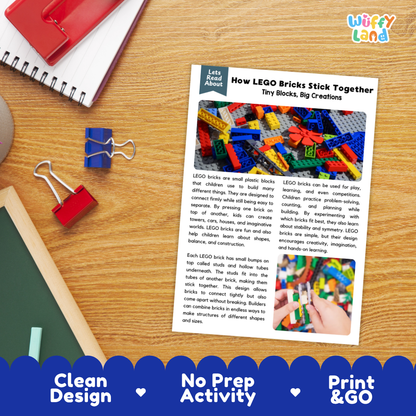 Printable student worksheet with short-answer reading comprehension questions covering LEGO bricks and engineering