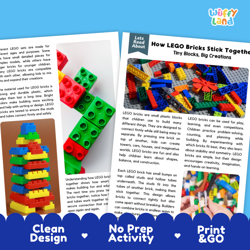 Complete teacher answer key worksheet providing detailed model responses for LEGO brick comprehension questions
