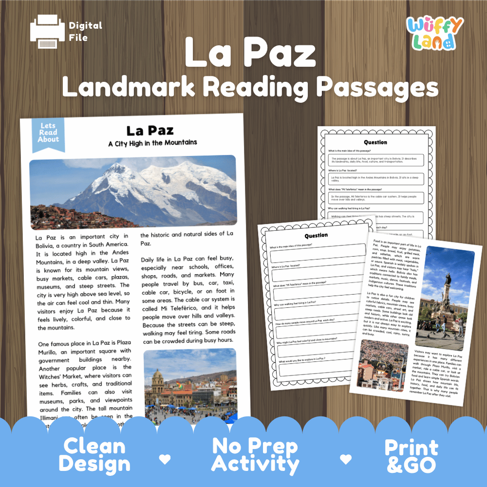 La Paz landmark reading passage and comprehension worksheet educational unit featuring nonfiction text and authentic Mount Illimani Bolivia photography