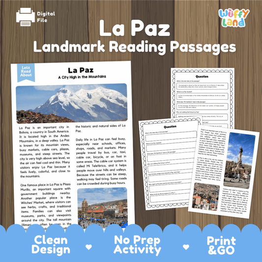 La Paz landmark reading passage and comprehension worksheet educational unit featuring nonfiction text and authentic Mount Illimani Bolivia photography