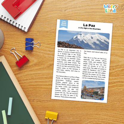 Lined reading comprehension question worksheet covering main ideas vocabulary terms and landmark facts about La Paz Bolivia